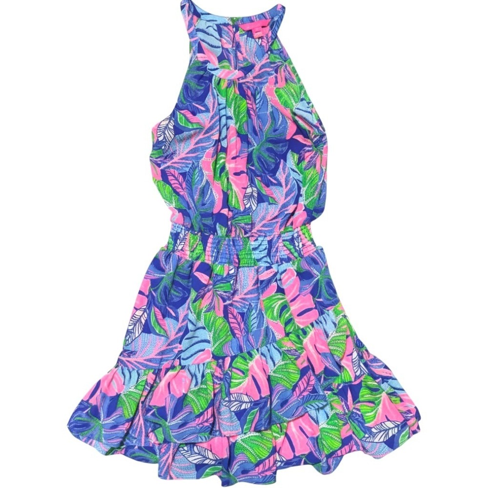 Lilly Pulitzer Halter Dress Womens 6 Blue Pink Palm Leaf Smocked Ruffle Coastal